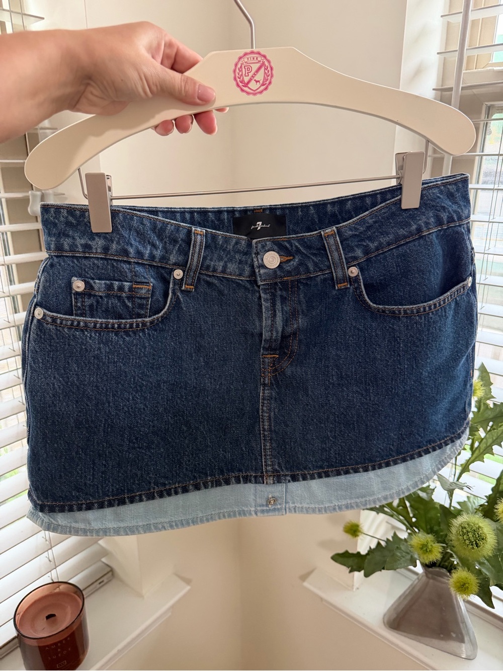 7 For All Mankind Dark Blue Denim Mini Skirt with Contrast Hem